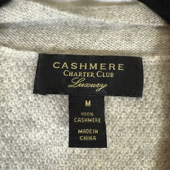 Cashmere Charter Club Cardigan Women's Medium Grey White Open Front Luxury - Picture 5 of 11
